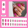 Uñas postizas cuadradas rosa fucsia con rayas negras, brillo plateado y acabado mate liso - W991 Rosa Fuerte (Estilo Pegamento)