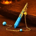 Blue turquoise hexagonal crystal pendulum pendant with gold filigree cap and chain - Gold Blue Turquoise