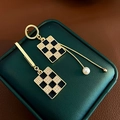 Asymmetric gold checkerboard earrings with long tassels, pearls and crystal stones - E4224 Silver Pin-Checkered Rhinestone (Real Gold Plated)