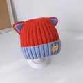 Red and light blue knit baby hat featuring cute cat ears and lion embroidery patch - 6 Months - 3 Years (33-52cm) / Red (Contrast Cat)
