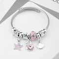 Silver beaded bracelet featuring pink crystal charms with swan and clover pendants - C2-002 Pink