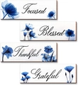 Set di 4 targhe in legno con fiori blu e scritte motivazionali Focused e Blessed - 25x10cm / Stile Floreale Blu (Stile A)