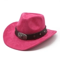 Detailed fuchsia faux suede cowboy hat featuring a leather band with silver bull head emblem - M(56-59CM) / Rose Red