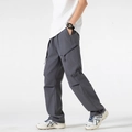 Dark grey cargo pants with side zipper pockets and ergonomic knee cut, relaxed fit - M / Dark Gray