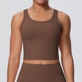 Detailed front view of coffee brown sports bra with wide straps and high elastic fabric - S / Chestnut Brown