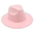 Detail of light pink wool felt fedora showing the wide flat brim and simple decorative band - One Size / Pink