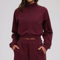 Women's burgundy tracksuit set featuring a zip-up stand collar jacket and side-stripe pants - XL / Retro Copper