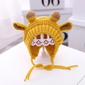 Yellow knit baby winter hat with giraffe ears and secure chin straps for warmth - Yellow Large Antlers - Lined