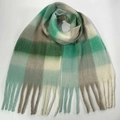 Thick winter plaid scarf in green and beige tones featuring soft tassels and fringes - 31# (Green Beige Cream Plaid)