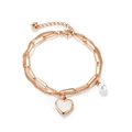 Pulsera de doble capa de acero inoxidable oro rosa con dije de corazón y perla blanca - Oro rosa
