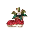 Christmas boot brooch in gold metal with red rhinestones and green enamel leaves - Red Christmas Boot