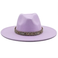 Detail of light purple fedora hat featuring an ethnic style woven decorative band on flat brim - M (56-58cm) / Taro Purple