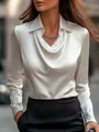 Detailed view of the smooth white satin fabric and elegant cowl neck draping on shirt - S / Tops / White