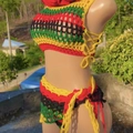 Handmade crochet bikini set featuring Rasta colors with tie-side top and shorts - Adult Free Size / Colorful Hollow (Top, Bottom)