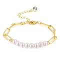 Detail of gold link bracelet featuring nine round pearls and a sparkling crystal charm - Gold Pearl Rectangle Link Bracelet (0111)