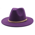 Detailed view of dark purple felt Fedora hat with light brown woven decorative band - M (56-58cm) / Purple