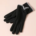 Elegant black warm wool-like gloves with gray faux fur trim and touch screen embroidery - Side Line Leather Butterfly / Black