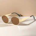 Retro oval sunglasses with polished gold metal frame and dark brown tinted lenses - Gold Frame Tea Lens (Black Legs)