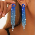 Elegant long tassel rhinestone earrings with blue gradient crystal finish for women - Blue and White Gradient (KE023BU-W)