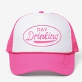 Pink and white mesh trucker hat with Day Drinking embroidery on a white canvas front - One Size / White Rose Red