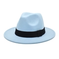 Close-up of light blue wool fedora hat with black grosgrain ribbon and teardrop crown - M (56-58cm) / Sky Blue