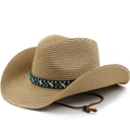 British style wide brim straw fedora hat with ethnic beads and chin strap for sun protection - M (56-58cm) / Khaki