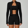 Three-piece black ribbed yoga set featuring a zip jacket, sports bra, and high-waist shorts - S / 3-Piece Set (Bra+Shorts+Jacket) / Premium Black
