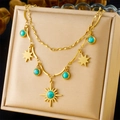 Collier double rang en or avec pendentifs turquoise et étoile dans un écrin - Style Double Couche Étoile Lune Turquoise Dorée (N3100)