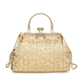 Elegante cremeweiße gewebte Abendtasche mit Goldfoliendruck und Strass-Schleifenverschluss - Gold
