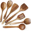 7-piece natural teak wood kitchen utensil set with hanging holes on white background - Frying Spatula/Slotted Spatula/Large Soup Spoon/Small Soup Spoon/Slotted Spoon/Salad Spoon/Stirring Spoon