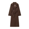 Classic double-breasted wool trench coat with belt in deep brown, front view layout - S / Dark Brown