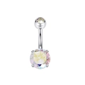 Silver stainless steel navel ring with rainbow zircon stones in a four-prong setting - Silver/AB Zircon