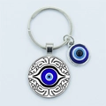 Blue Turkish evil eye keychain with tribal pattern pendants in alloy metal finish - Tribal Style Evil Eye