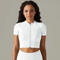 White seamless yoga crop top with high neck zipper and ribbed knit elastic fabric - S / Tops / Cream