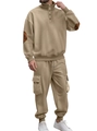 Khaki wafelgebreide herenset met een hoodie met knoopjes en een bijpassende broek - S / Khaki & Khaki