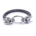 Herrenarmband aus schwarzem geflochtenem Leder mit silbernen Drachenköpfen und roten Augen - Stahlfarbe