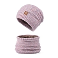 Winter pink knit beanie and neck warmer set with thick fleece lining for cold weather - Light Pink
