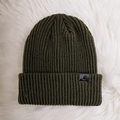 Olive green ribbed knit beanie featuring a decorative black leather patch on a plush base - M (56-58cm) / Army Green