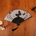 Chinese ink wash folding fan with bamboo frame, black butterfly patterns and silk tassel - Phantom Butterfly