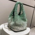 Luxurious mint green gradient rhinestone bucket bag with shiny metal chain strap - Gradient Green