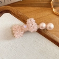 Close-up of elegant hair clip with pink crystal beaded bow and decorative pearls - Pink Pearl Woven Bow Hair Clip (70#) / Single Piece / Pink