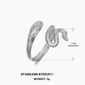 Silver stainless steel snake ring with engraved scales and adjustable open design - Snake Style (ZN227S) / Silver