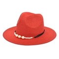 Red straw fedora hat featuring an elegant pearl accessory and black ribbon detail - M / Red