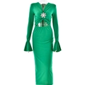 Schickes grünes V-Ausschnitt-Kleid mit Glockenärmeln, Strass-Schnalle und Taillencutout - S / Grün