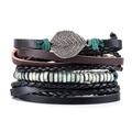 Bracciale multistrato in pelle con pendente a foglia d'argento e trame vintage - Set Multistrato con Pendente a Foglia (RH152)
