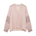 Roze damesblouse met lange mouwen, V-hals en elegante geborduurde details op de mouw - XS / Roze