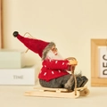 Plush Christmas Gnome in red knit sweater on a wooden sled decorative ornament - Sled Style (Red & White Polka Dot)