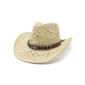 Handwoven straw cowboy hat with vintage hollow pattern and studded leather band - M (56-58cm) / Beige