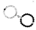 Couples beaded bracelets set featuring white marble and matte black stones with heart magnet - Matte Stone + Synthetic White Turquoise