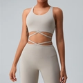 Light beige racerback yoga sports bra with criss-cross waist straps and leggings - Light Khaki